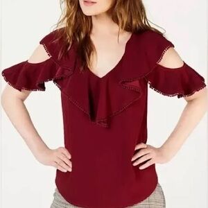 TRINA TURK Womens Burgundy Cold Shoulder Flutter Short Sleeve V Neck Top